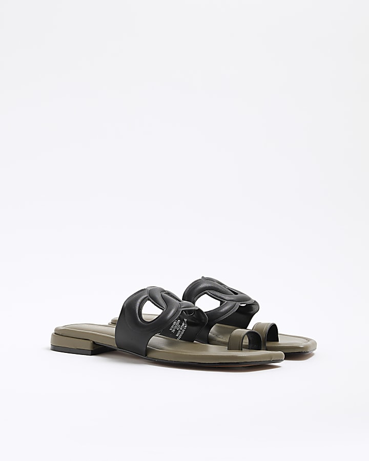 Green Faux Leather Toe Loop Flat Sandals