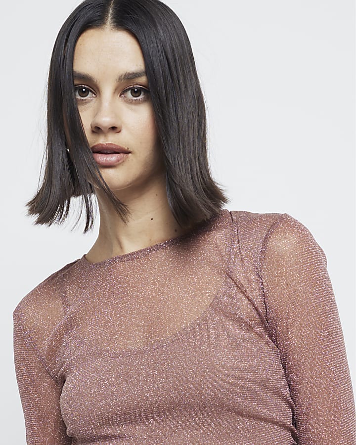 Rust Long Sleeve Metallic Mesh Top