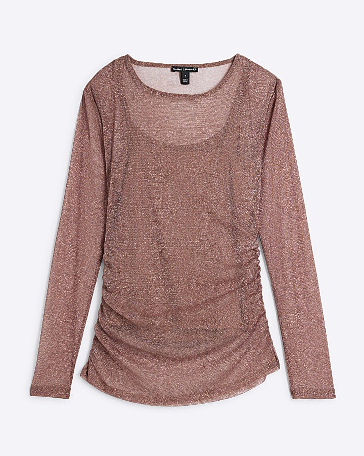 Rust Long Sleeve Metallic Mesh Top