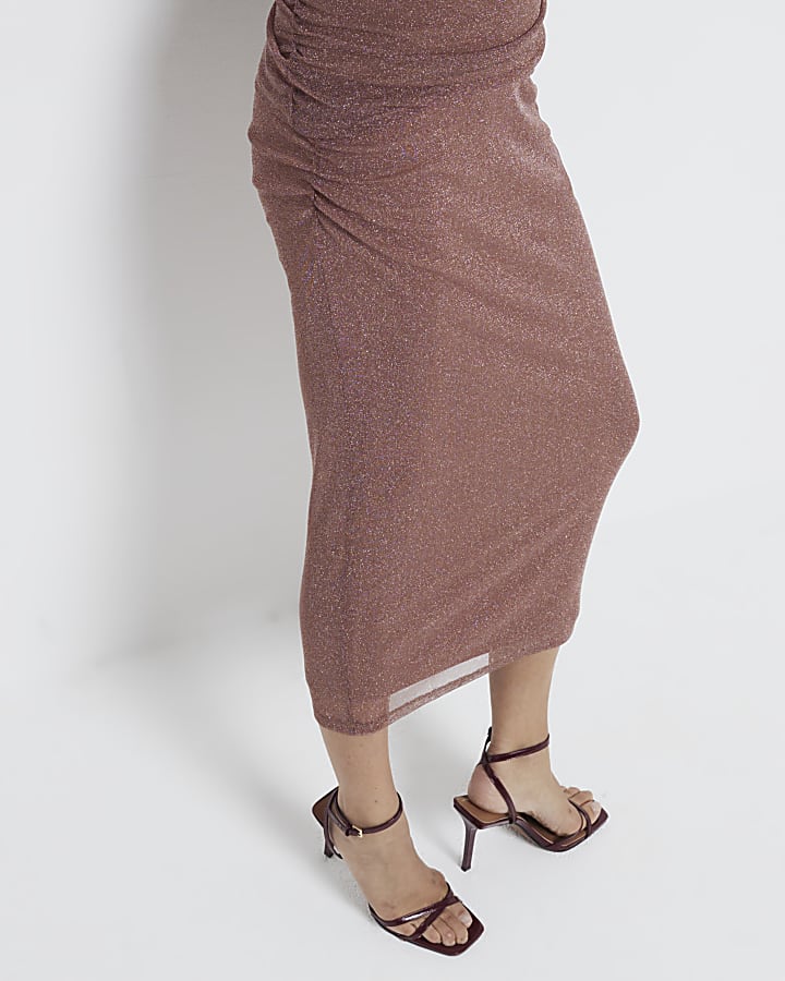 Rust Metallic Mesh Midi Skirt