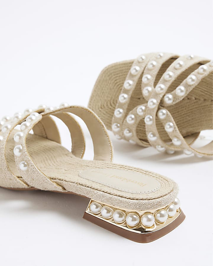 Beige Pearl Raffia Flat Sandals