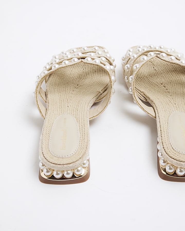 Beige Pearl Raffia Flat Sandals