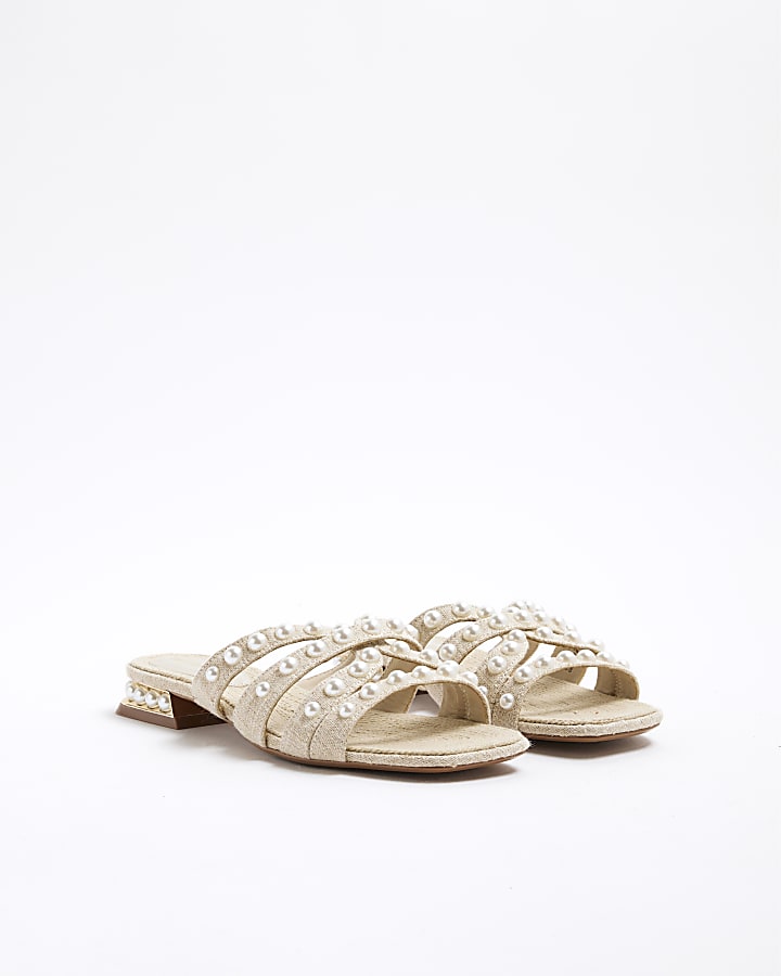 Beige Pearl Raffia Flat Sandals