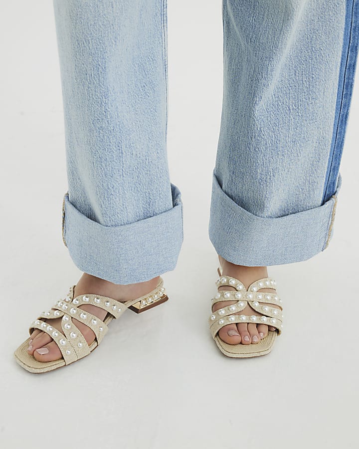 Beige Pearl Raffia Flat Sandals