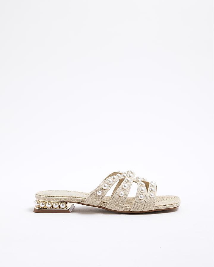 Beige Pearl Raffia Flat Sandals