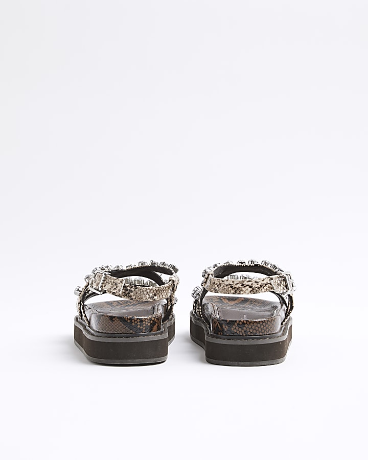 Beige Snake Print Gem Flat Sandals