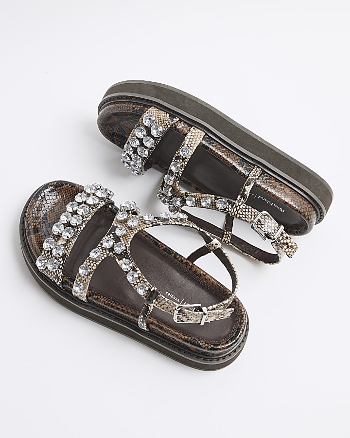 Beige Snake Print Gem Flat Sandals