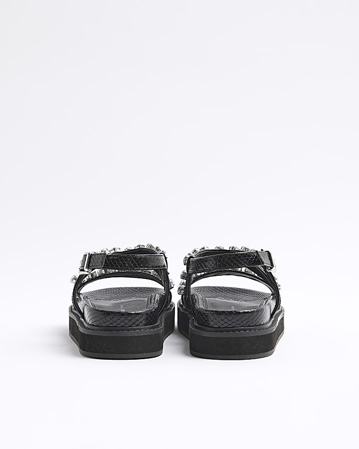 Black Faux Leather Gem Flat Sandals