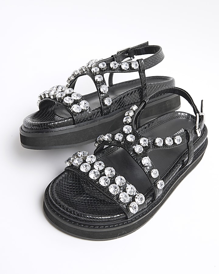 Black Faux Leather Gem Flat Sandals