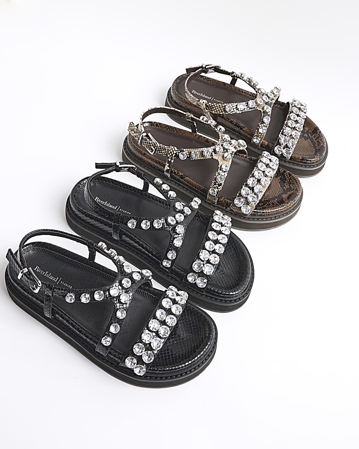 Black Faux Leather Gem Flat Sandals