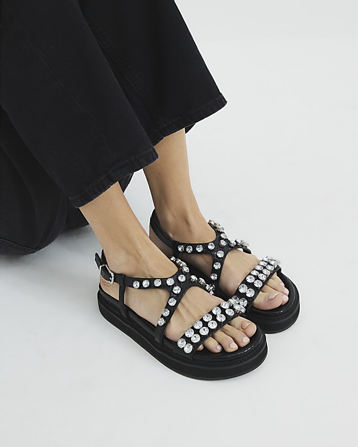 Black Faux Leather Gem Flat Sandals