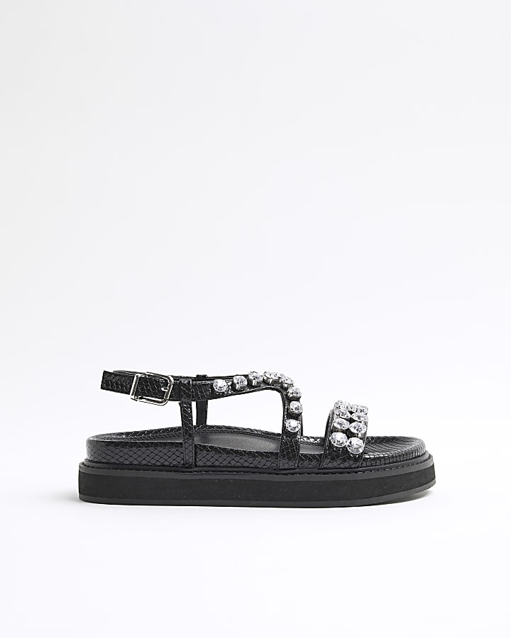 Black Faux Leather Gem Flat Sandals