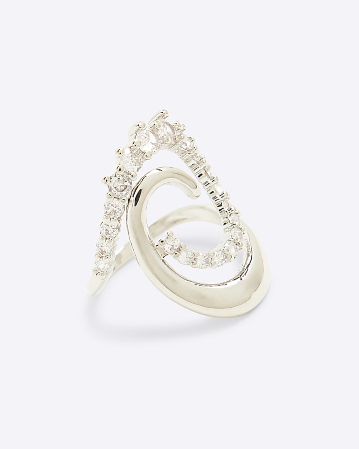 Silver Cubic Zirconia Swirl Statement Ring