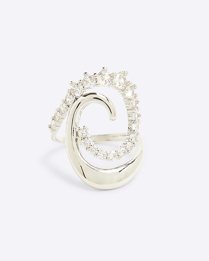 Silver Cubic Zirconia Swirl Statement Ring