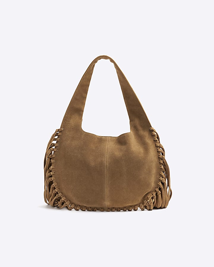 Brown Suede Fringed Broderie Shoulder Bag