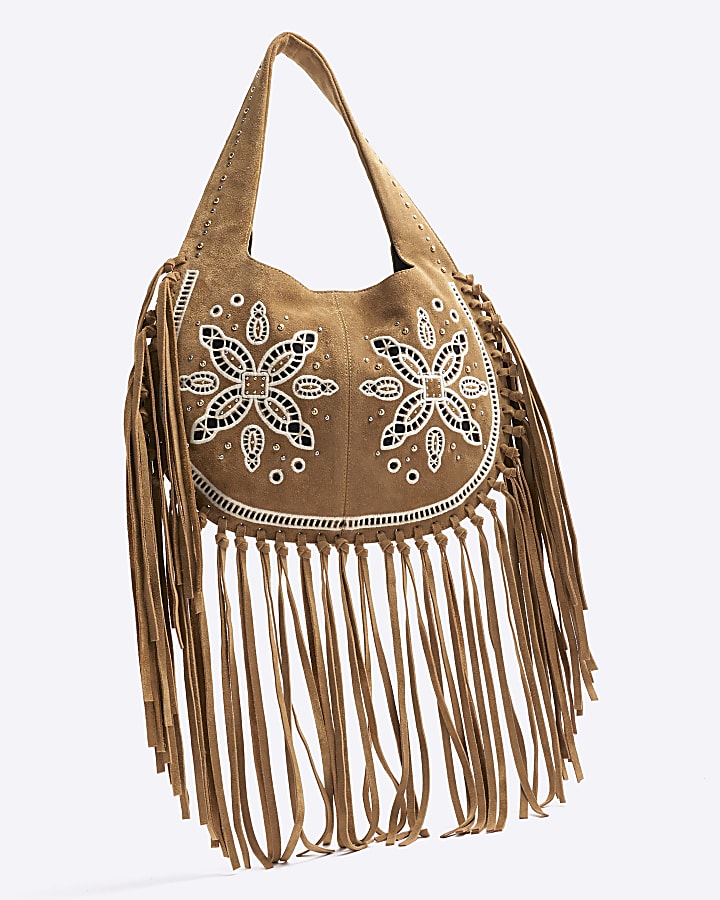 Brown Suede Fringed Broderie Shoulder Bag