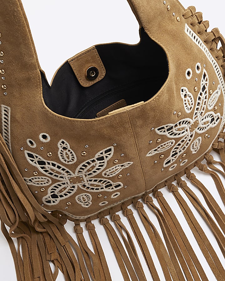 Brown Suede Fringed Broderie Shoulder Bag