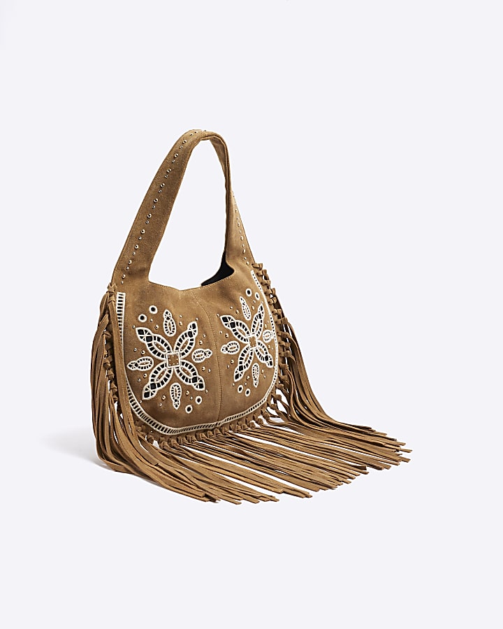 Brown Suede Fringed Broderie Shoulder Bag