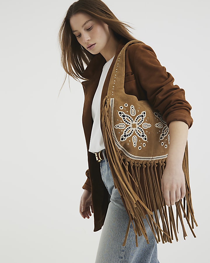 Brown Suede Fringed Broderie Shoulder Bag