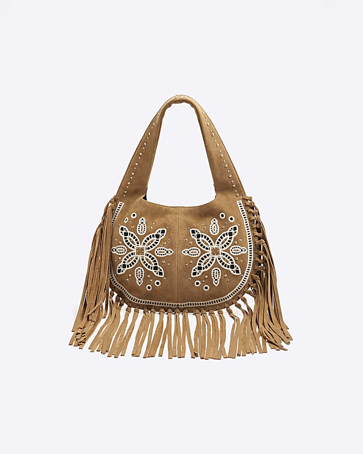 Brown Suede Fringed Broderie Shoulder Bag