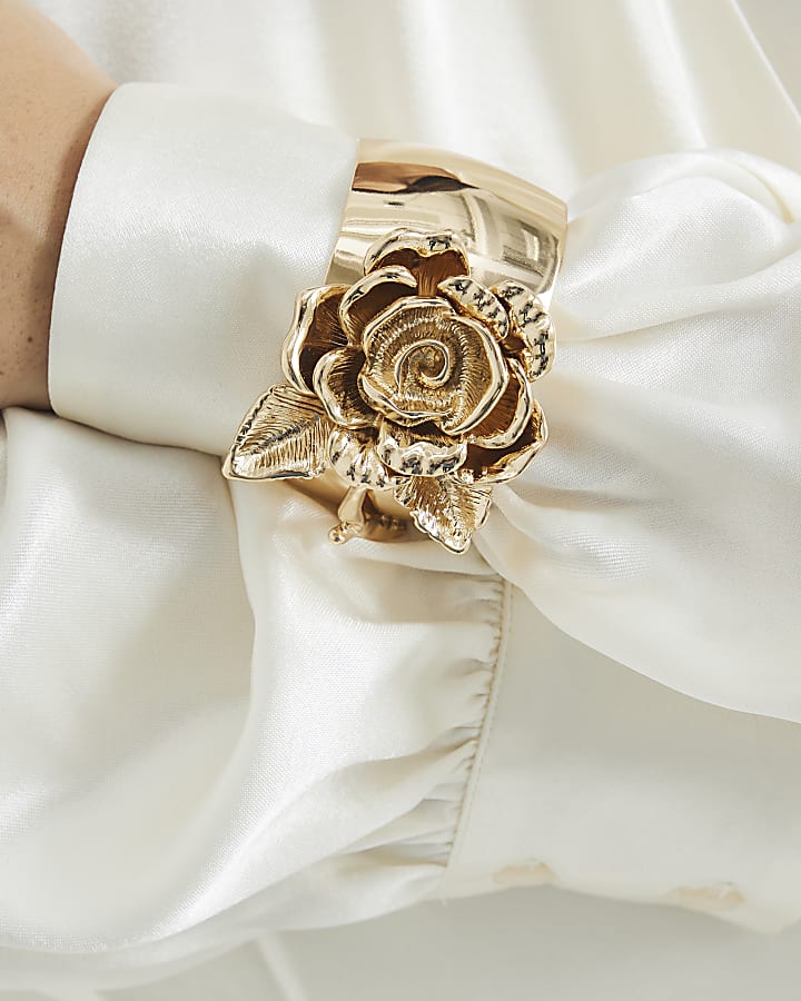 Gold Metal Flower Cuff Bracelet