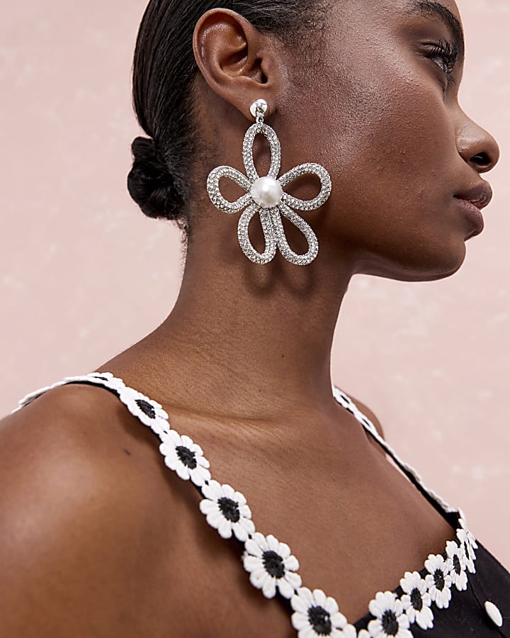 Silver Oversized Flower Drop Earrings