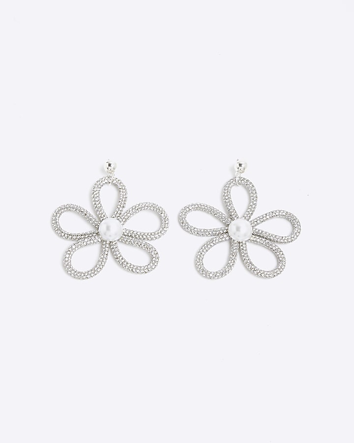 Silver Oversized Flower Drop Earrings