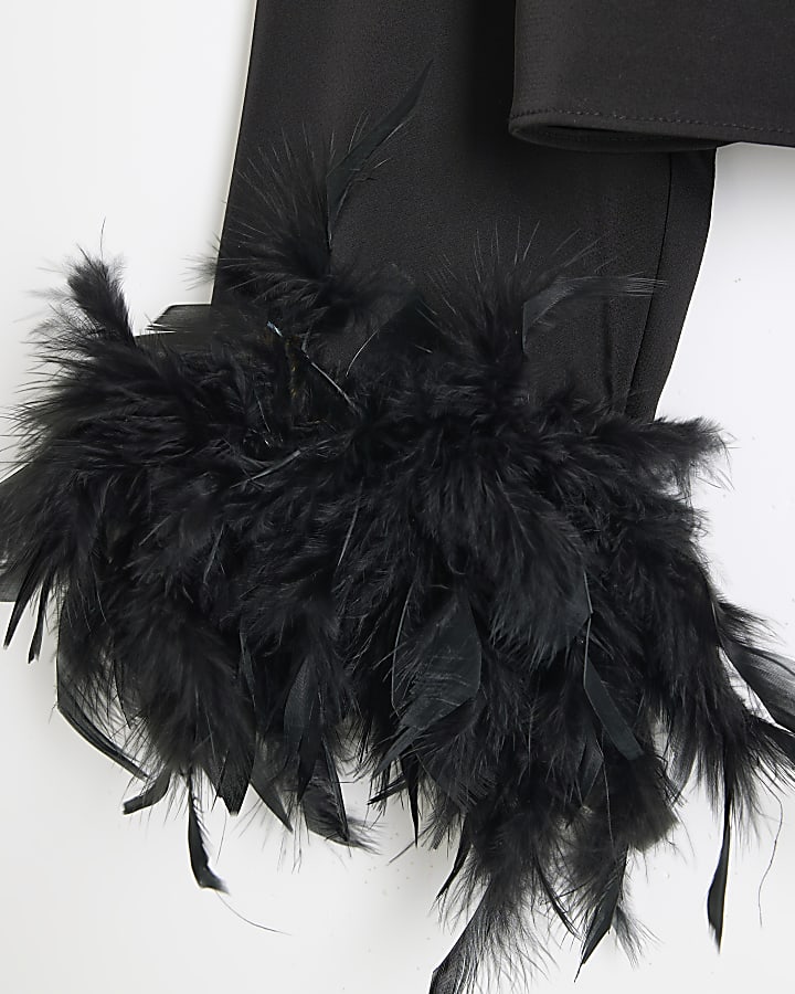 Black Satin Feather Cuff Long Sleeve Top