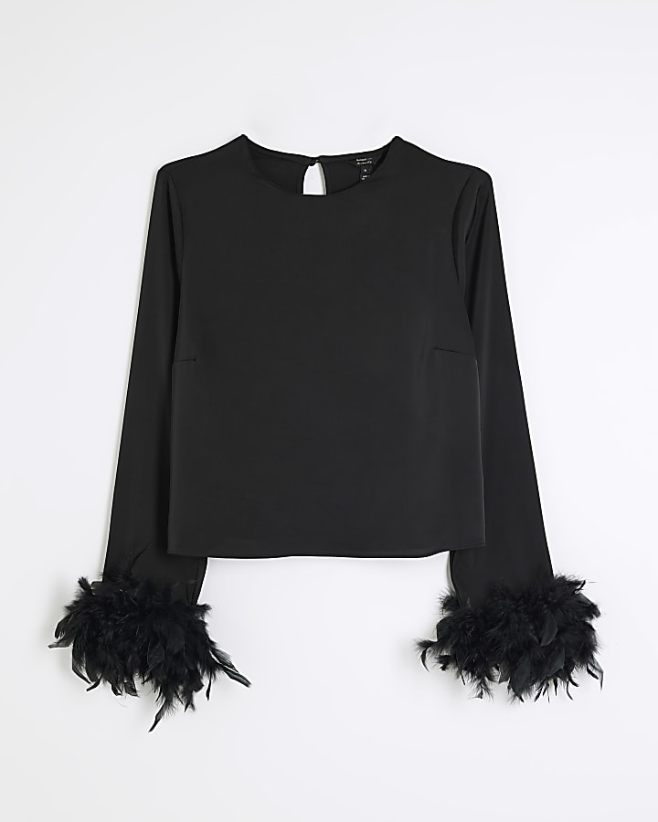 Black Satin Feather Cuff Long Sleeve Top