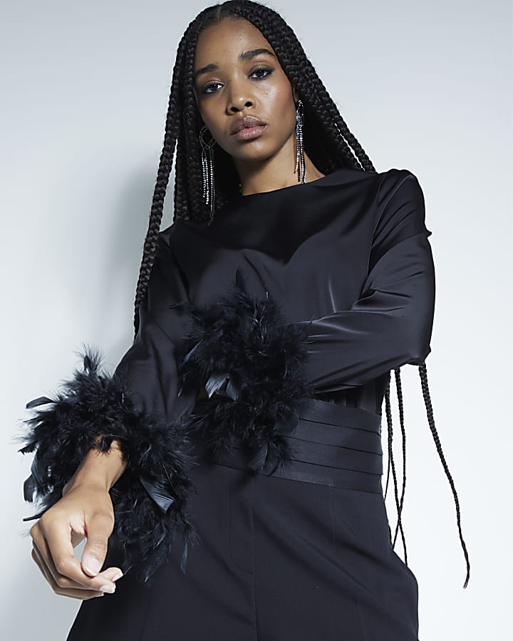 Black Satin Feather Cuff Long Sleeve Top