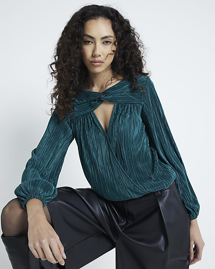 Green Long Sleeved Plisse Wrap Top