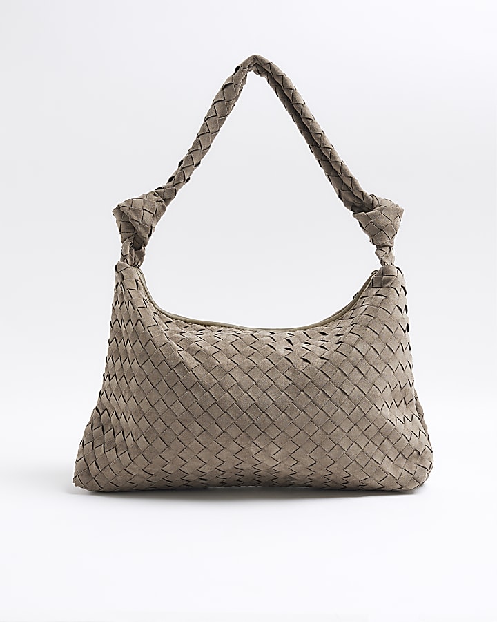 Khaki Knot Handle Woven Slouch Bag