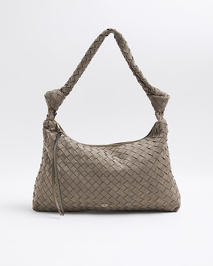 Khaki Knot Handle Woven Slouch Bag