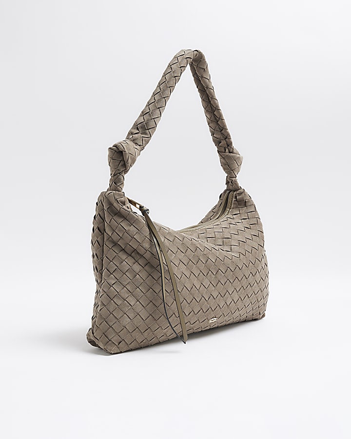 Khaki Knot Handle Woven Slouch Bag