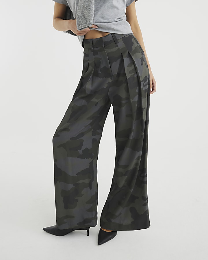 Green Camouflage Wide Leg Trousers