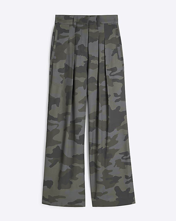 Green Camouflage Wide Leg Trousers