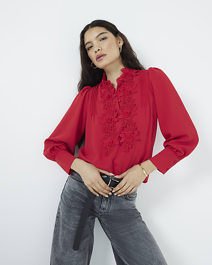 Red Crepe Floral Applique Blouse