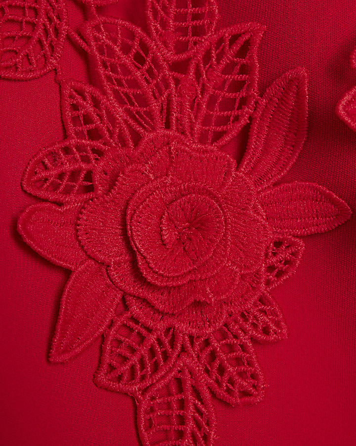 Red Crepe Floral Applique Blouse