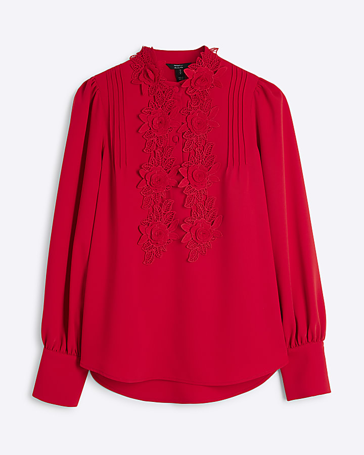 Red Crepe Floral Applique Blouse
