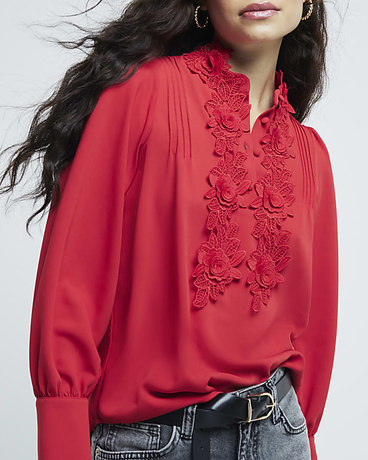 Red Crepe Floral Applique Blouse