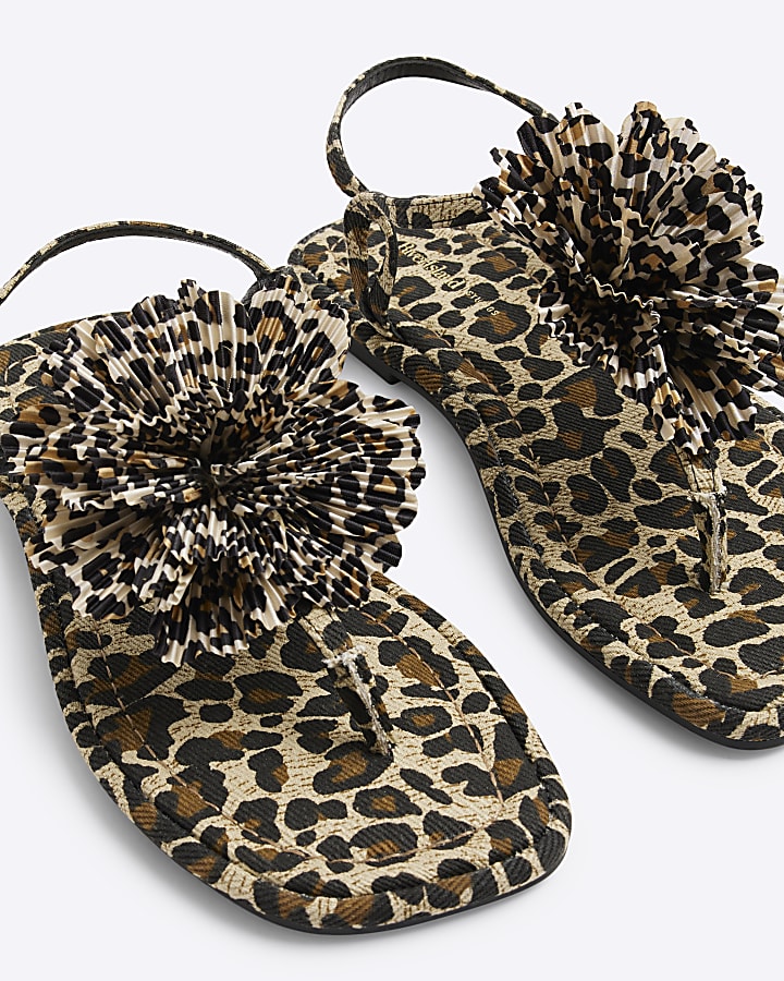 Brown Wide Fit Leopard Flower Flat Sandals