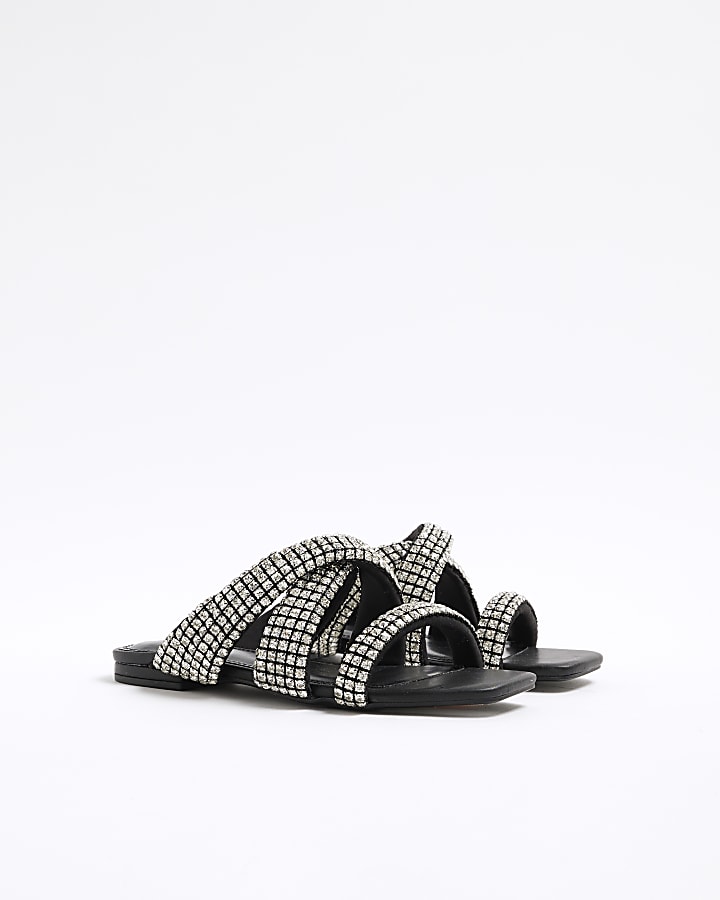 Black Wide Fit Embellished Twist Sandals