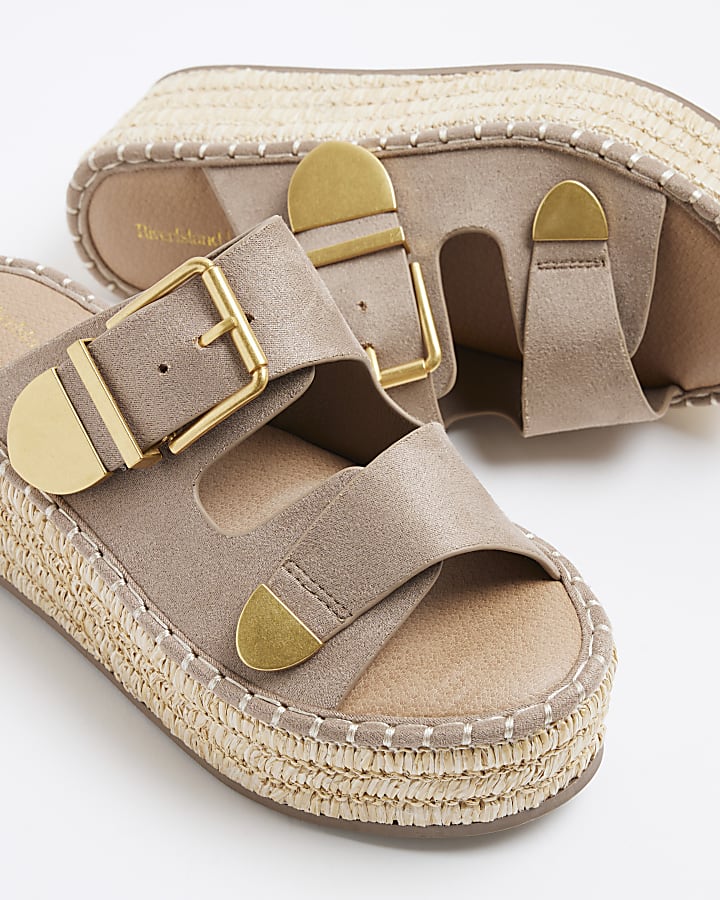 Beige Wide Fit Wedge Buckle Sandals