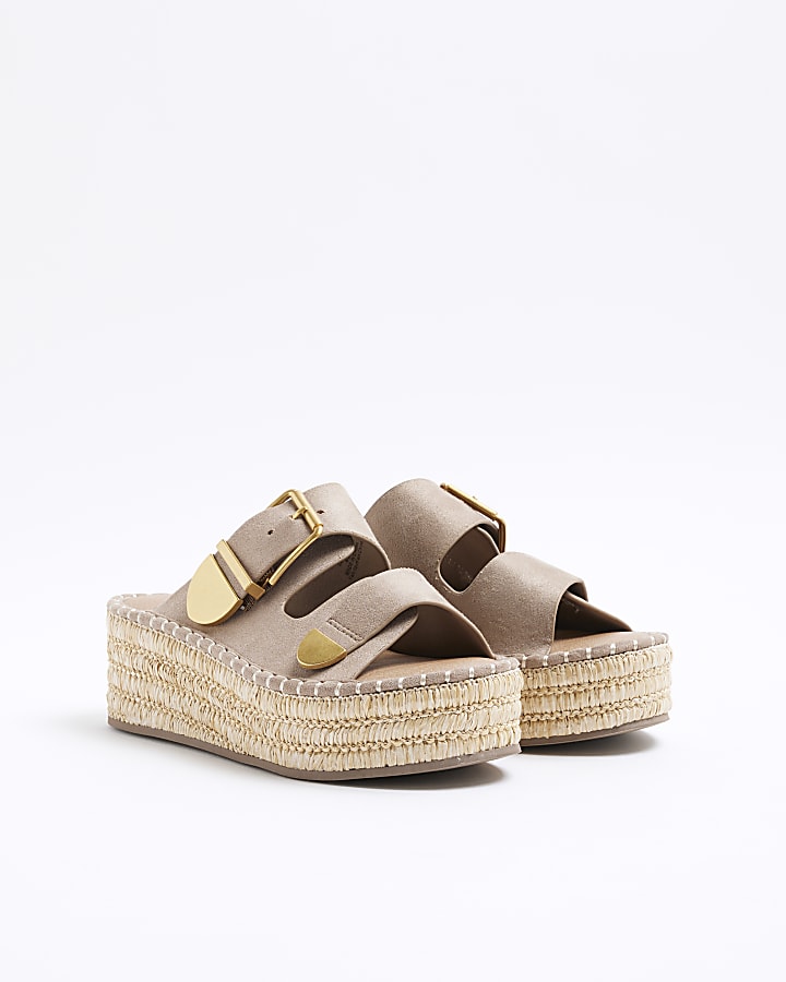 Beige Wide Fit Wedge Buckle Sandals