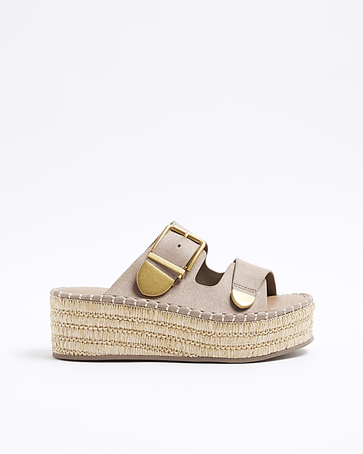 Beige Wide Fit Wedge Buckle Sandals