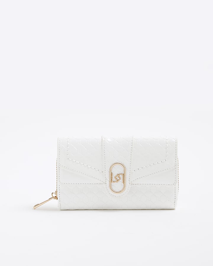 White RI Monogram Fold Over Zip Around Purse