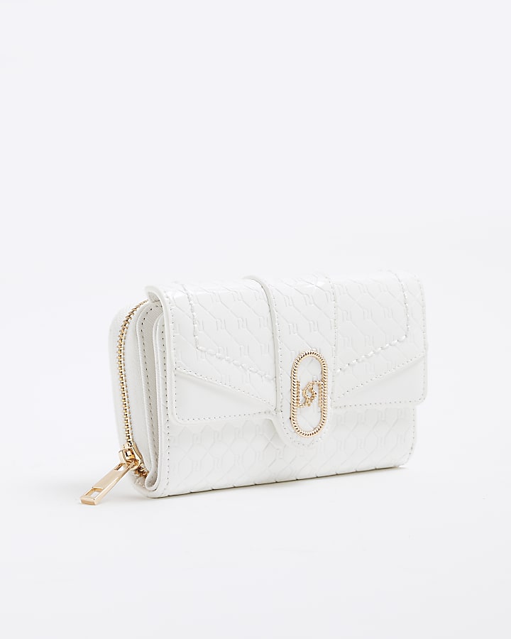 White RI Monogram Fold Over Zip Around Purse