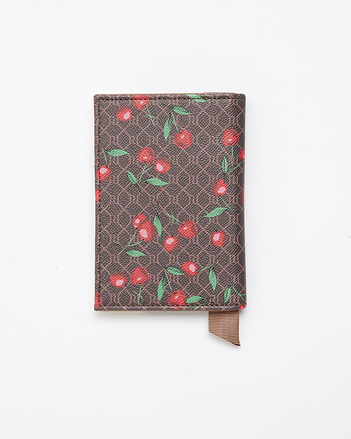 Brown Cherry Monogram Print Passport Holder