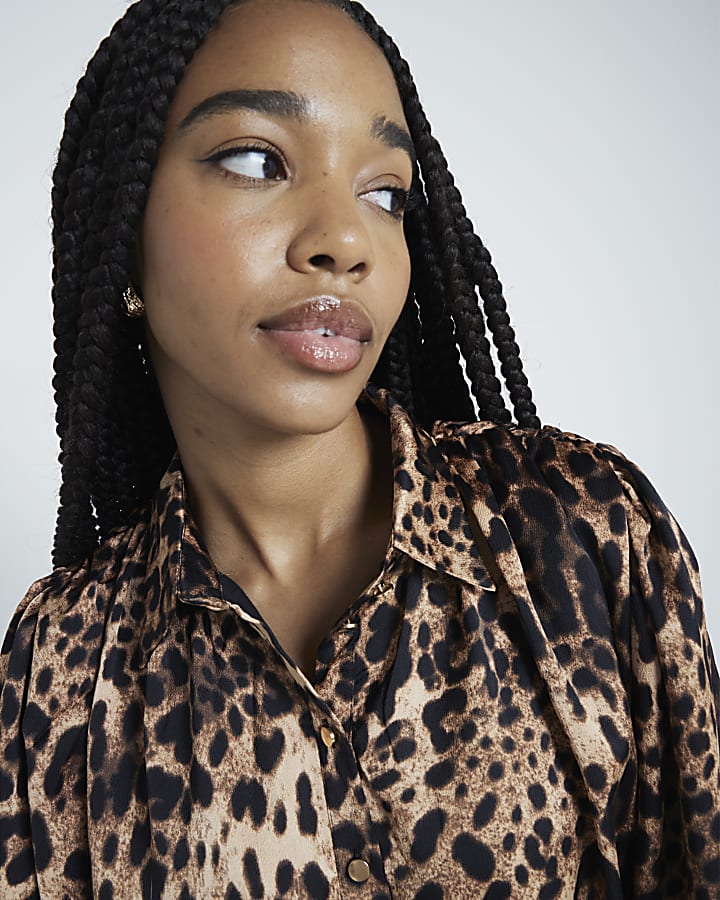 Brown Leopard Print Bubble Hem Blouse