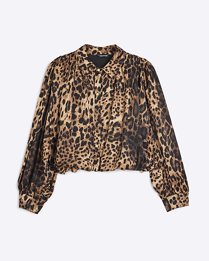 Brown Leopard Print Bubble Hem Blouse
